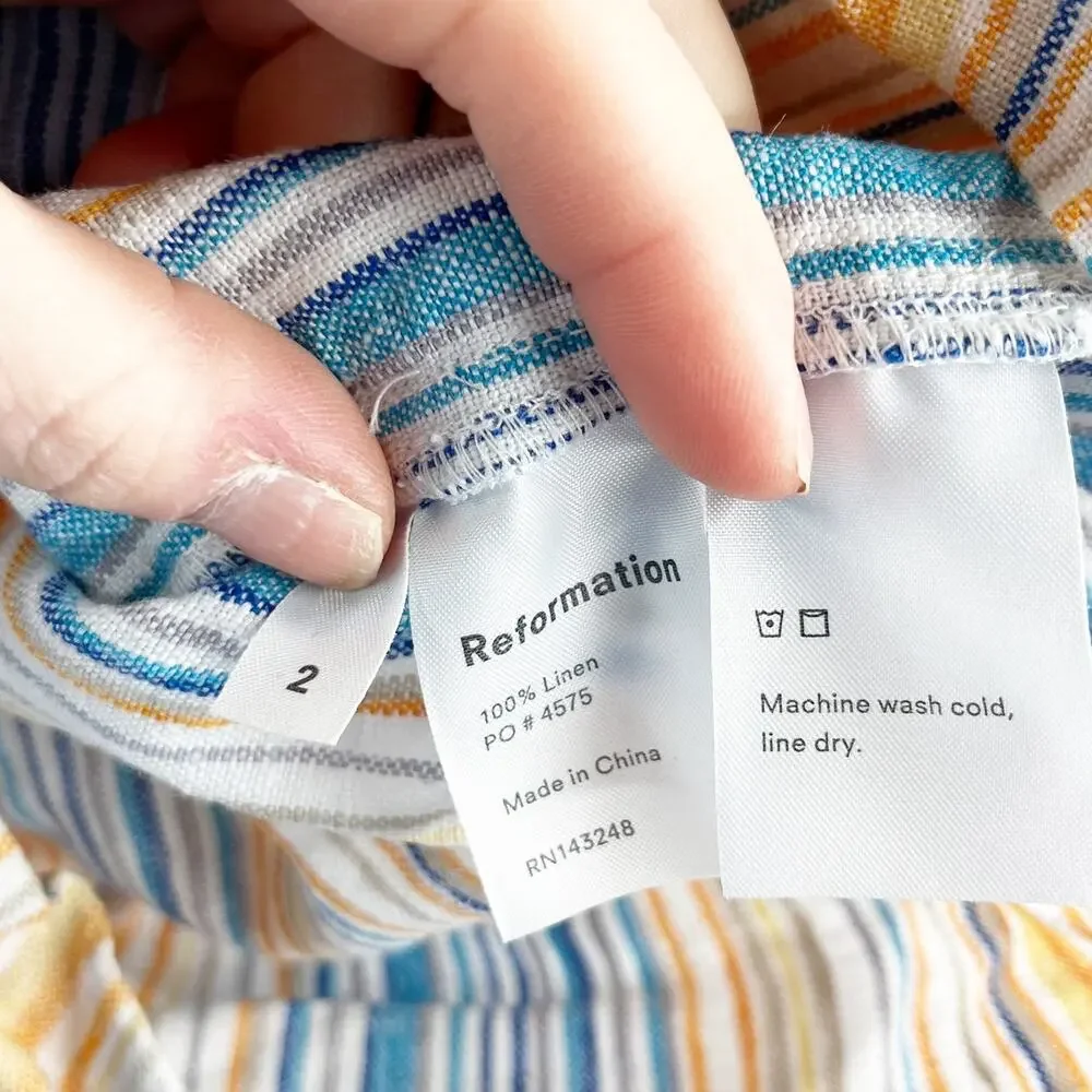 Reformation Island Linen Striped Shorts Romper in Marbella Orange Blue 2